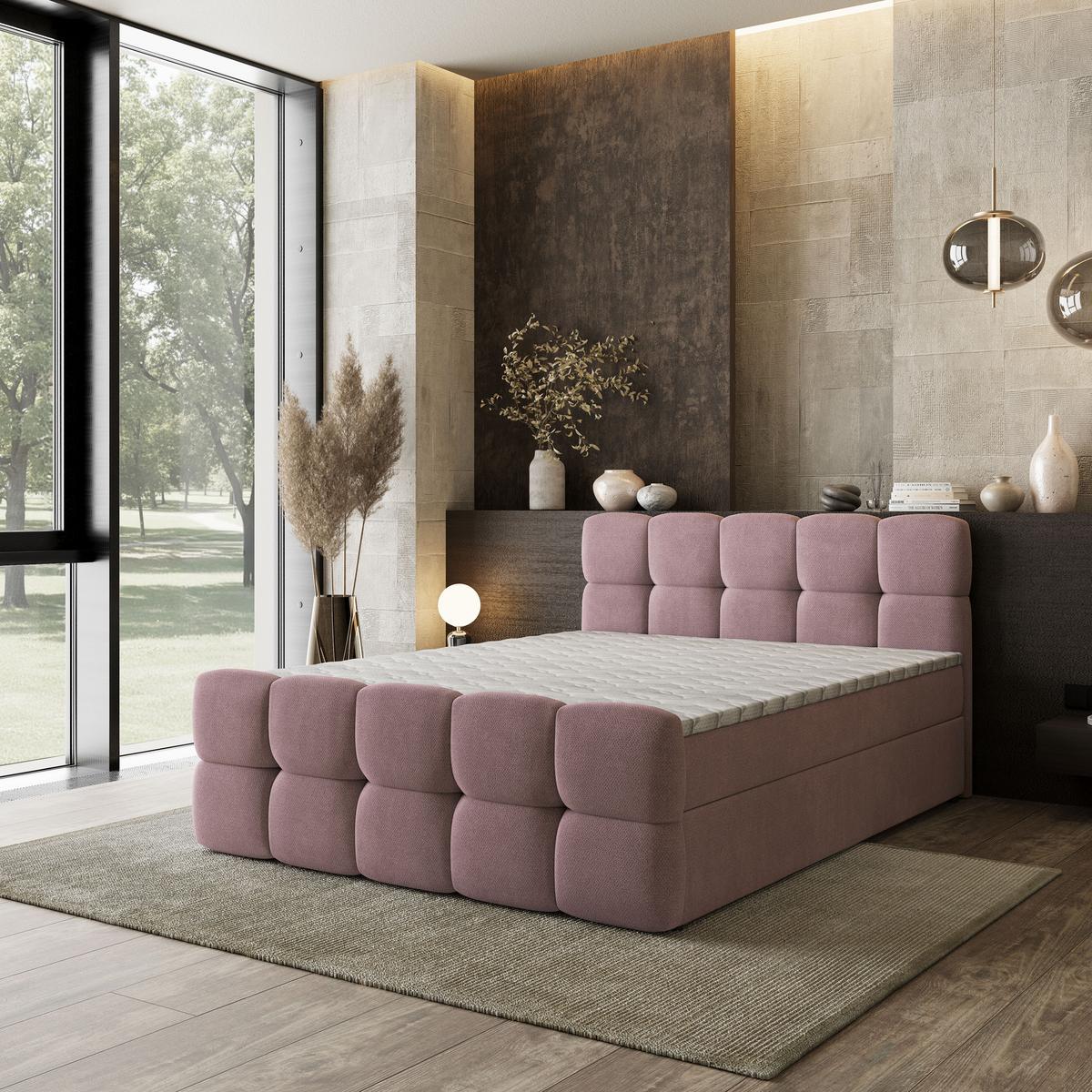 BOXBETT BRUME 200x200 cm mit Matratze und Topper, H2+H3 - Rosa - Rosa, Holz (200/200cm) - MASSENO