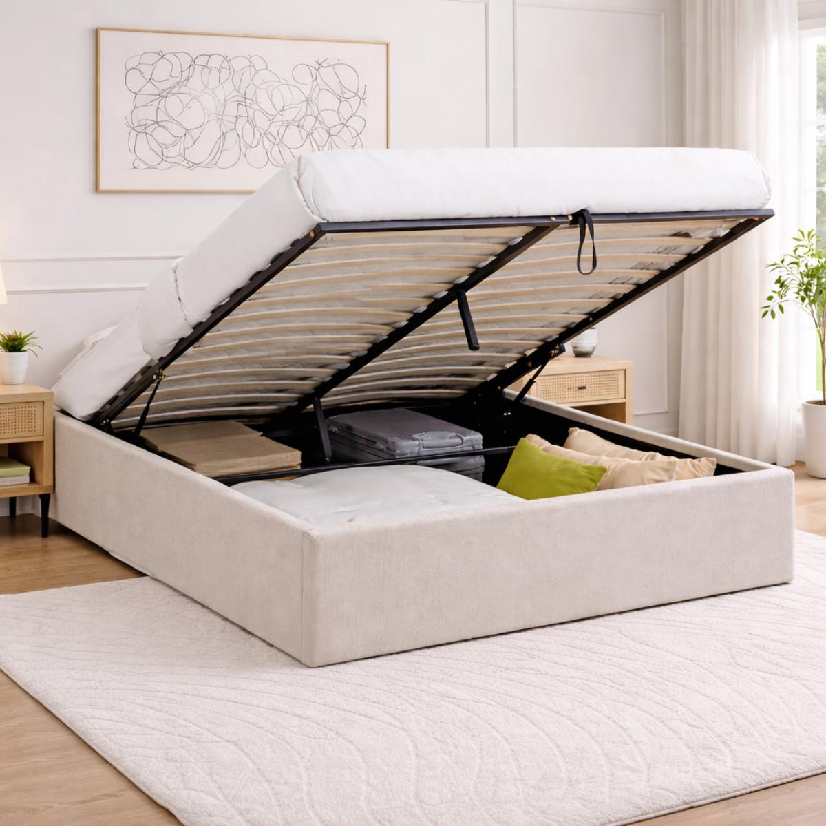 BETT mit Bettkasten 160 x 200 cm aus meliertem Stoff 170/36,50/214 cm - Beige, Holz (200/160cm) - Calicosy