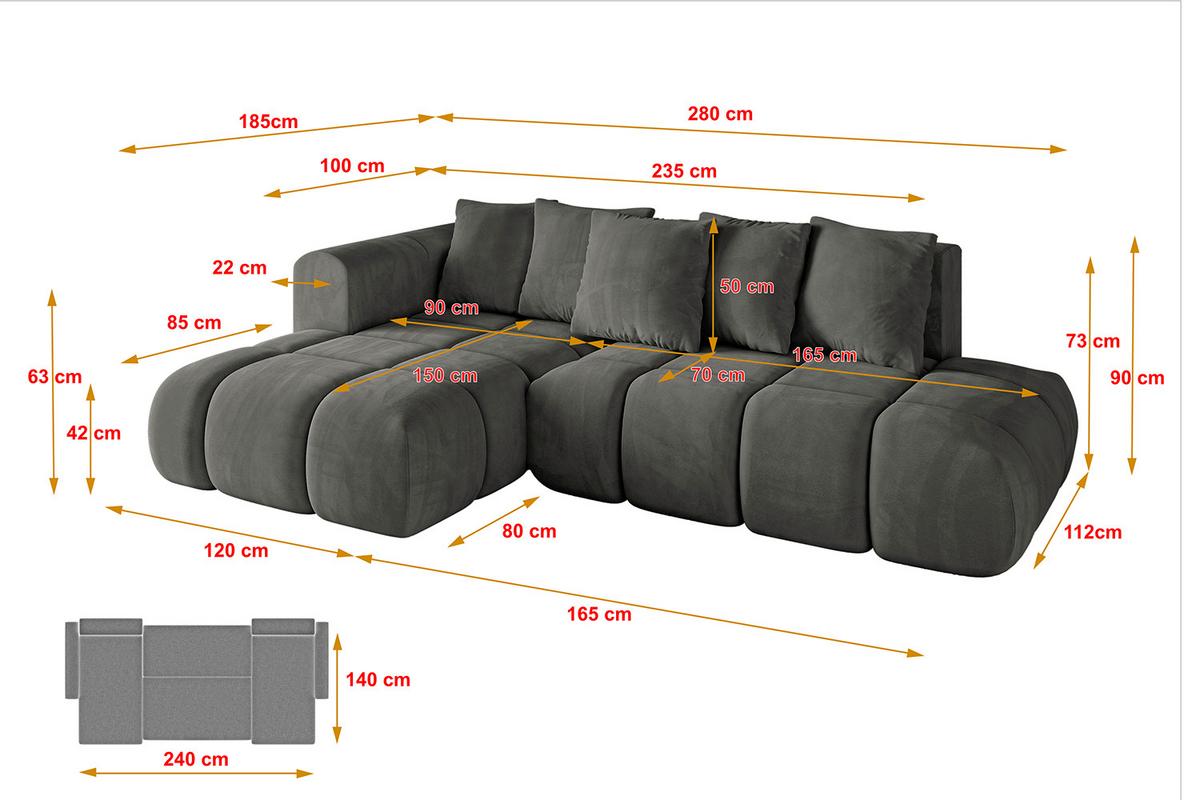 ECKSOFA Ottomane Links CLOUD-L-v1 280x185x90 Dunkelgrau Velours - Dunkelgrau, Holzwerkstoff/Kunststoff (180/289cm) - ALTDECOR