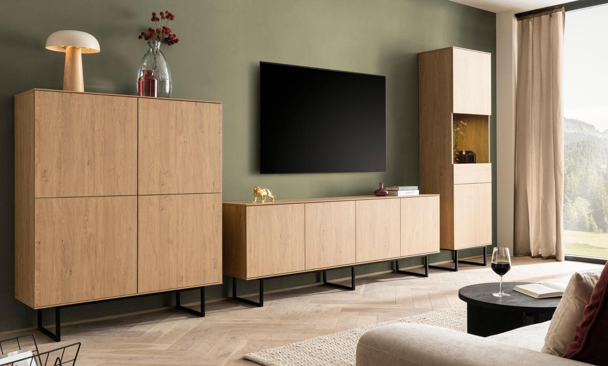 WOHNWAND in Eiche Dekor, Wohnzimmer Set mit TV Lowboard 200 cm und Highboard 4-türig, Push-To-Open - Eichefarben/Schwarz, Holzwerkstoff/Metall (330/137/40cm) - Furn.Design