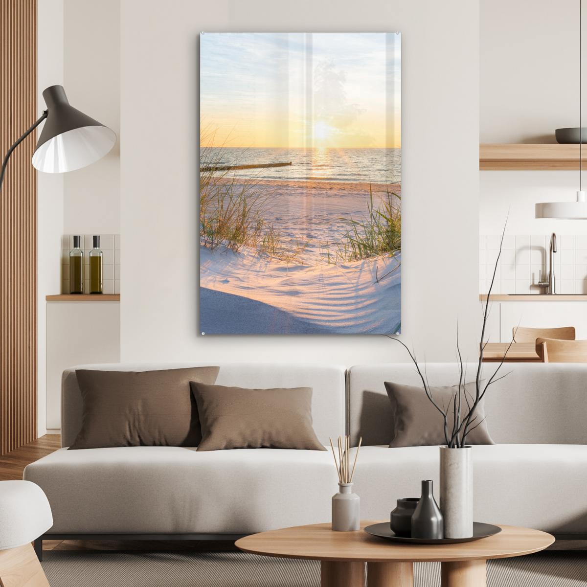 ACRYLGLASBILD Strand - Sonne - Düne - Gras - Sand - Horizont 80x120 cm - Hellblau, Glas (80/120cm) - MuchoWow