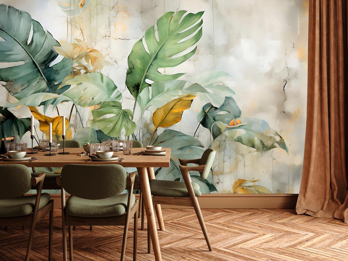 FOTOTAPETE für Esszimmer Pflanzen Tropische Blätter Beton Natur Aquarell 100x70 - Grün, Papier (100/70cm) - Muralo