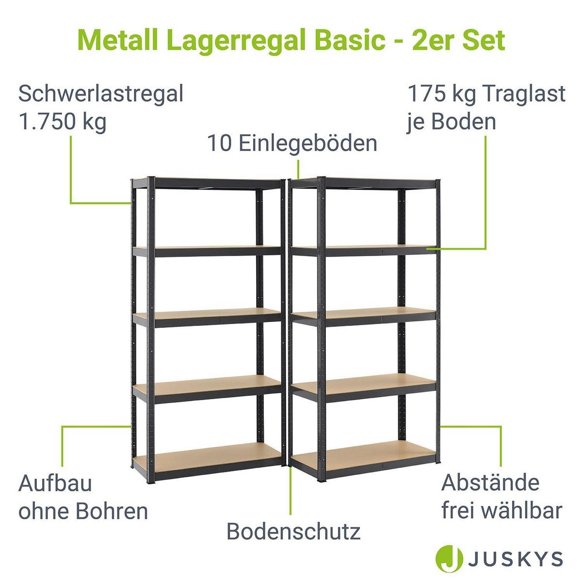LAGERREGAL Basic grau 180x90x40 cm (2er-Set) - Grau, Metall (90/180/40cm) - Juskys