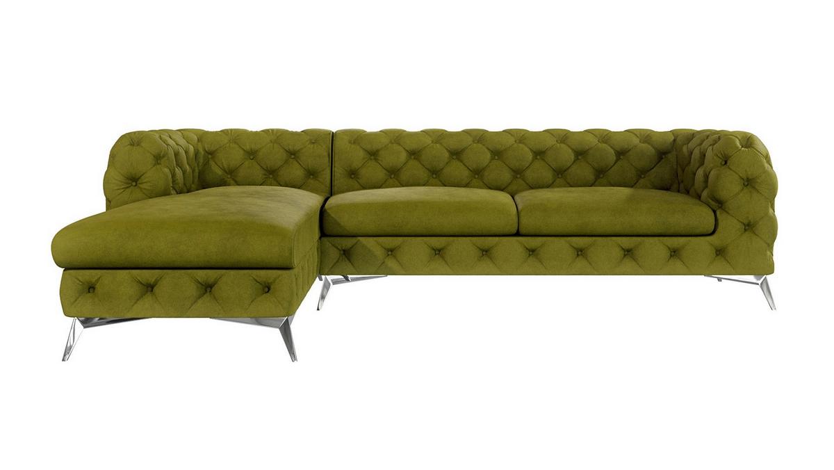 ECKSOFA Chesterfield Laura Olive Samt - Silberfarben/Olivgrün, Holz/Textil (305/200cm) - S-Style Möbel
