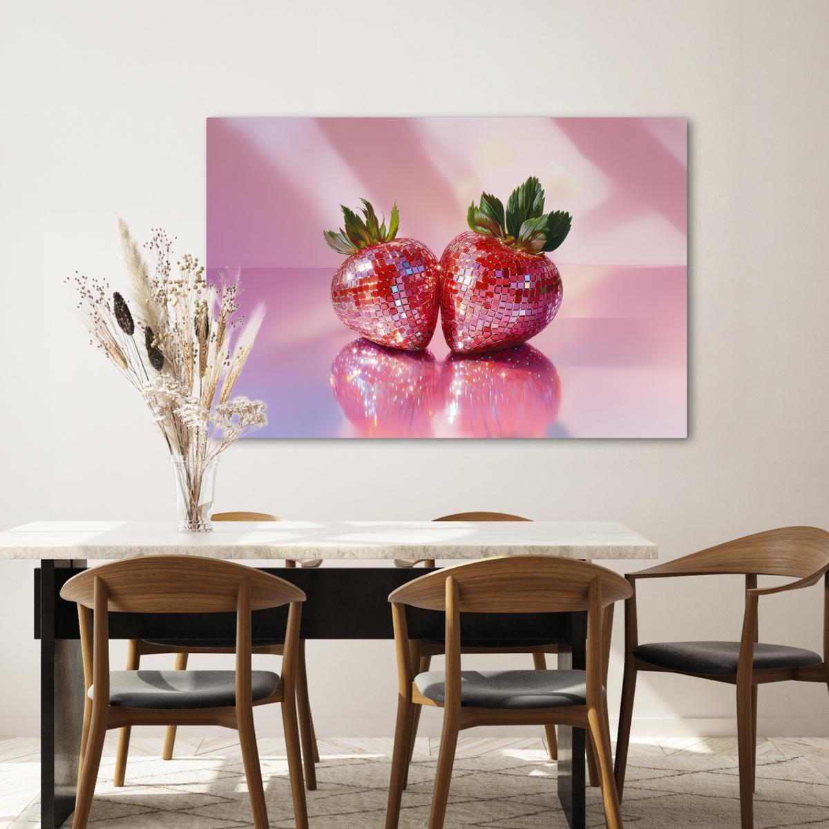 LEINWANDBILD Disco - Obst - Glitzer - Erdbeere Wohnzimmer Groß 120x80 cm - Pink, Textil (120/80cm) - MuchoWow