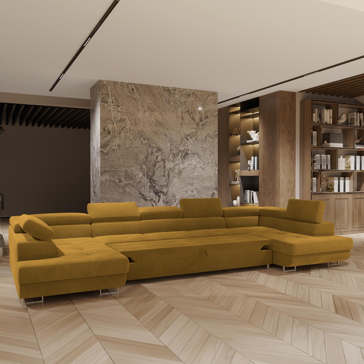 WOHNLANDSCHAFT ISOLANO Gelb Velours-Stoff mit Schlaffunktion - Gelb, Holz (408/90/202cm) - MASSENO