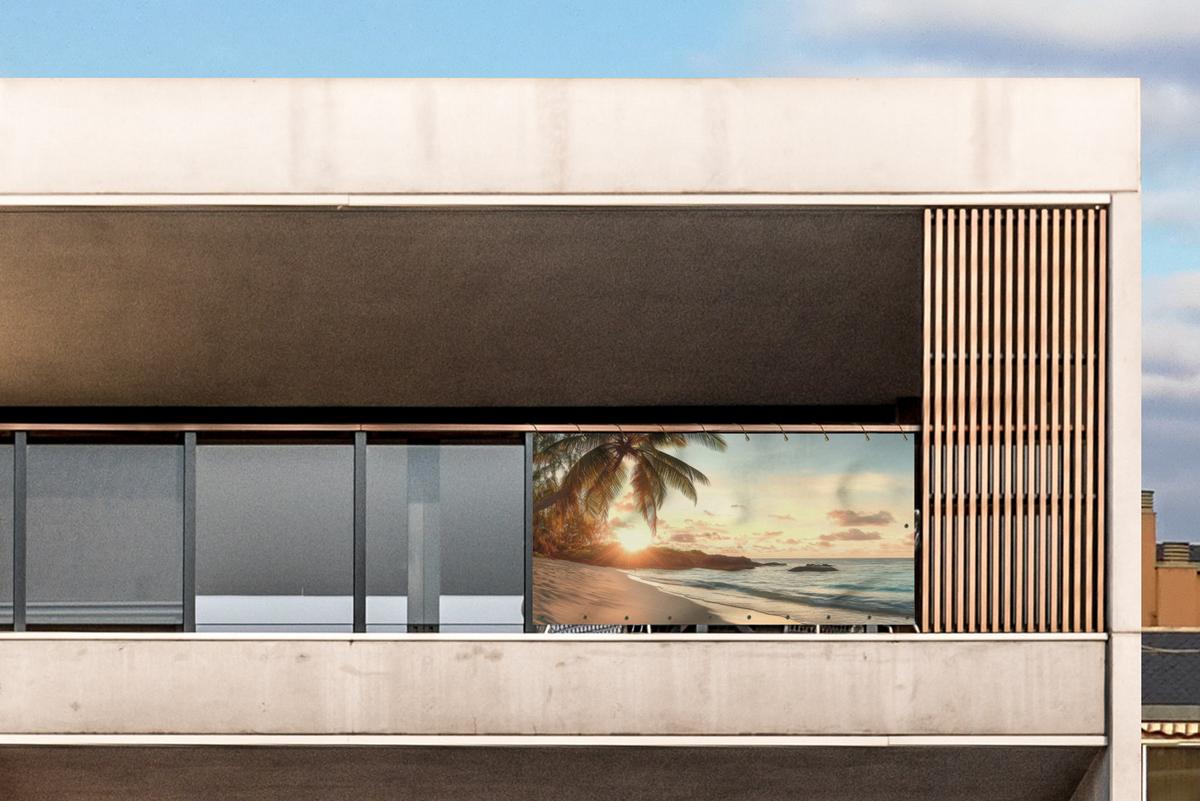 BALKON-SICHTSCHUTZ Strand - Palmen - Meer - Sonnenuntergang Balkon Deko 300x120 cm - Samtahornfarben, Kunststoff (300/120cm) - MuchoWow
