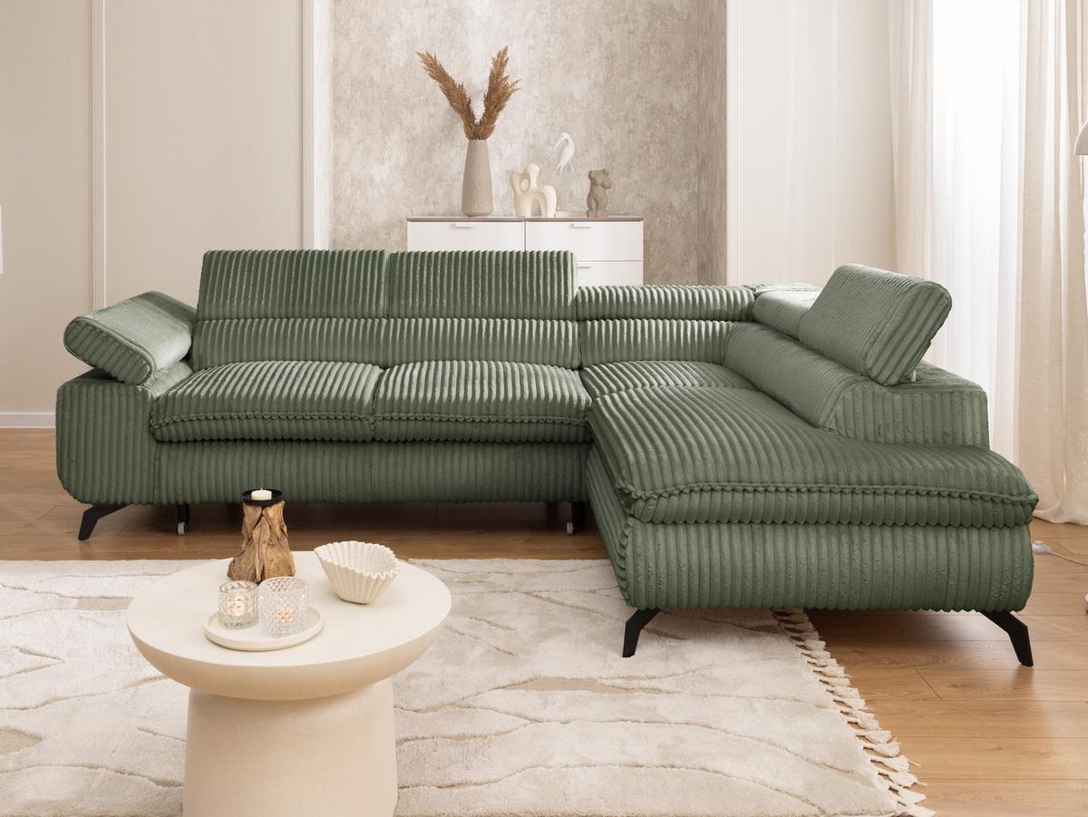 ECKSOFA mit Schlaffunktion und Bettkasten Bonnie aus Olive Cord-Stoff mit verstellbaren Kopfstützen und Armlehne - Ottomane rechts - Schwarz/Hellgrün, Holz/Textil (275/210cm) - S-Style Möbel