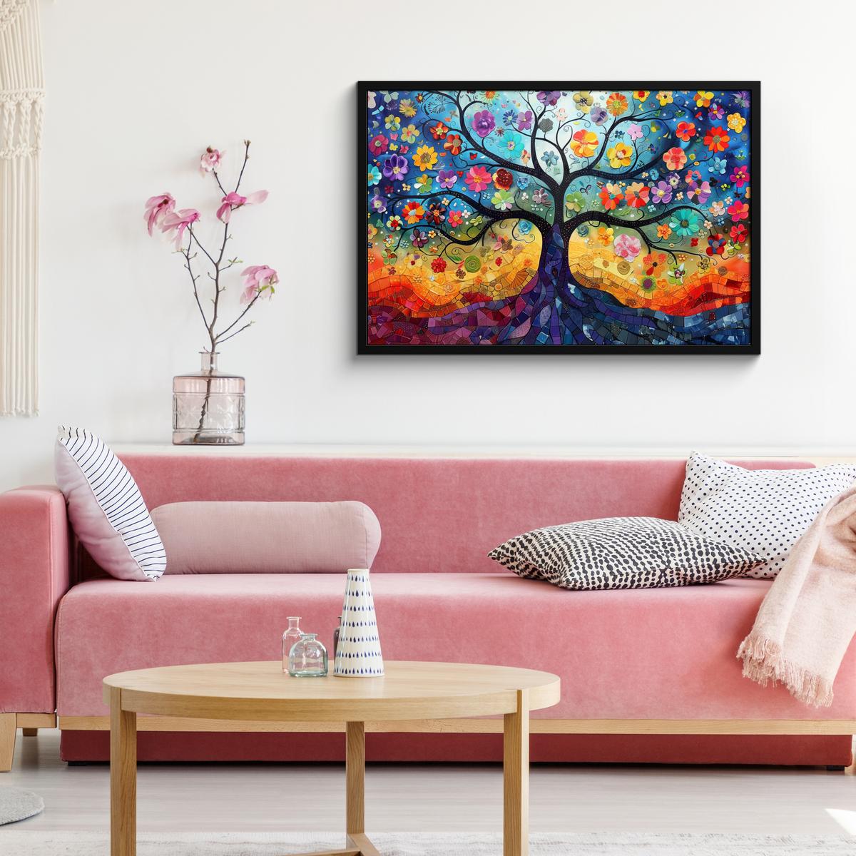 POSTER MIT RAHMENGERAHMTES BILD Kunst - Baum des Lebens - Blumen - Hippie 90x60 cm - Dunkelblau, Papier (90/60cm) - MuchoWow