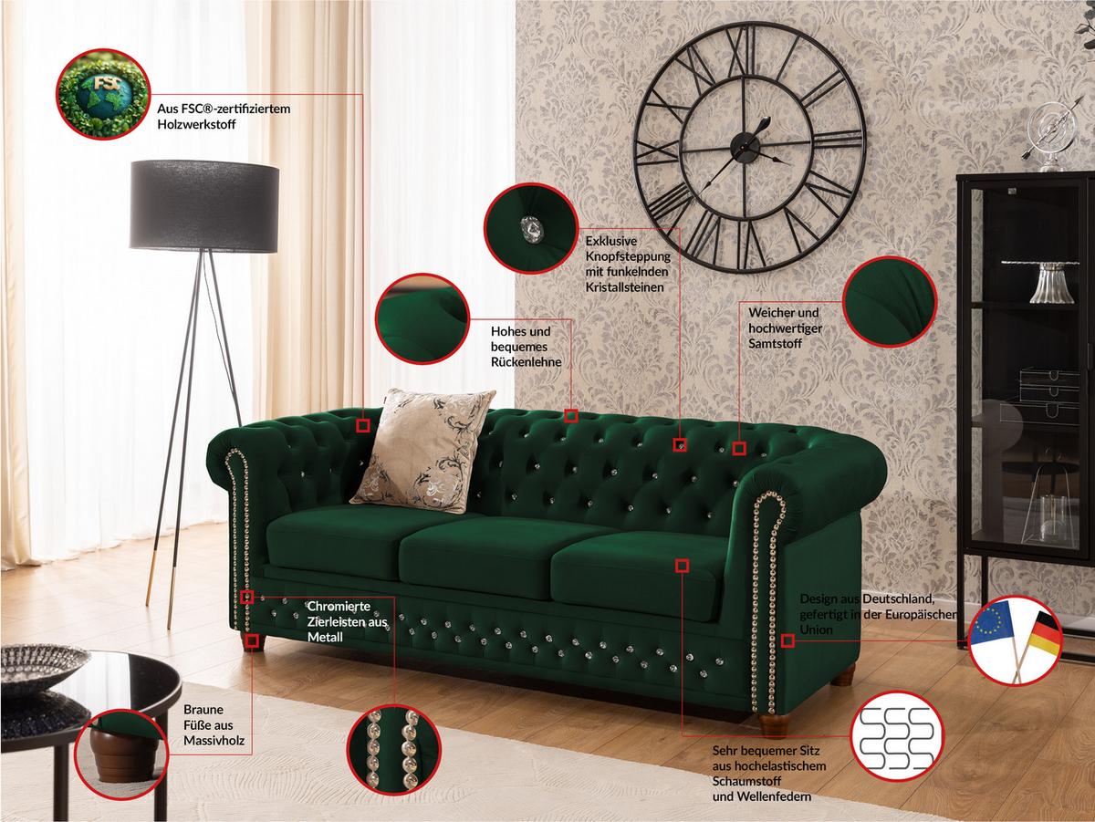 CHESTERFIELD-SOFA 3-sitzer Cleo Blink Flasche Grün Samt mit Kristallsteppung und braunen Massivholzfüßen - Braun/Grün, Holz/Textil (203/72/86cm) - S-Style Möbel