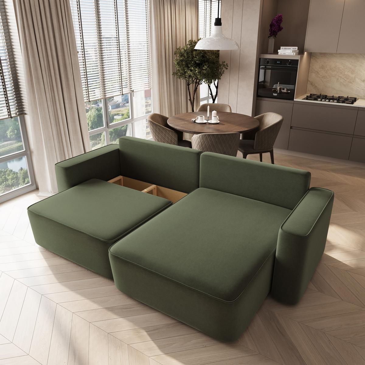 ECKSOFA BELISE CL Olivgrün Veloursstoff mit Schlaffunktion - Olivgrün, Holz/Textil (252/162cm) - MASSENO