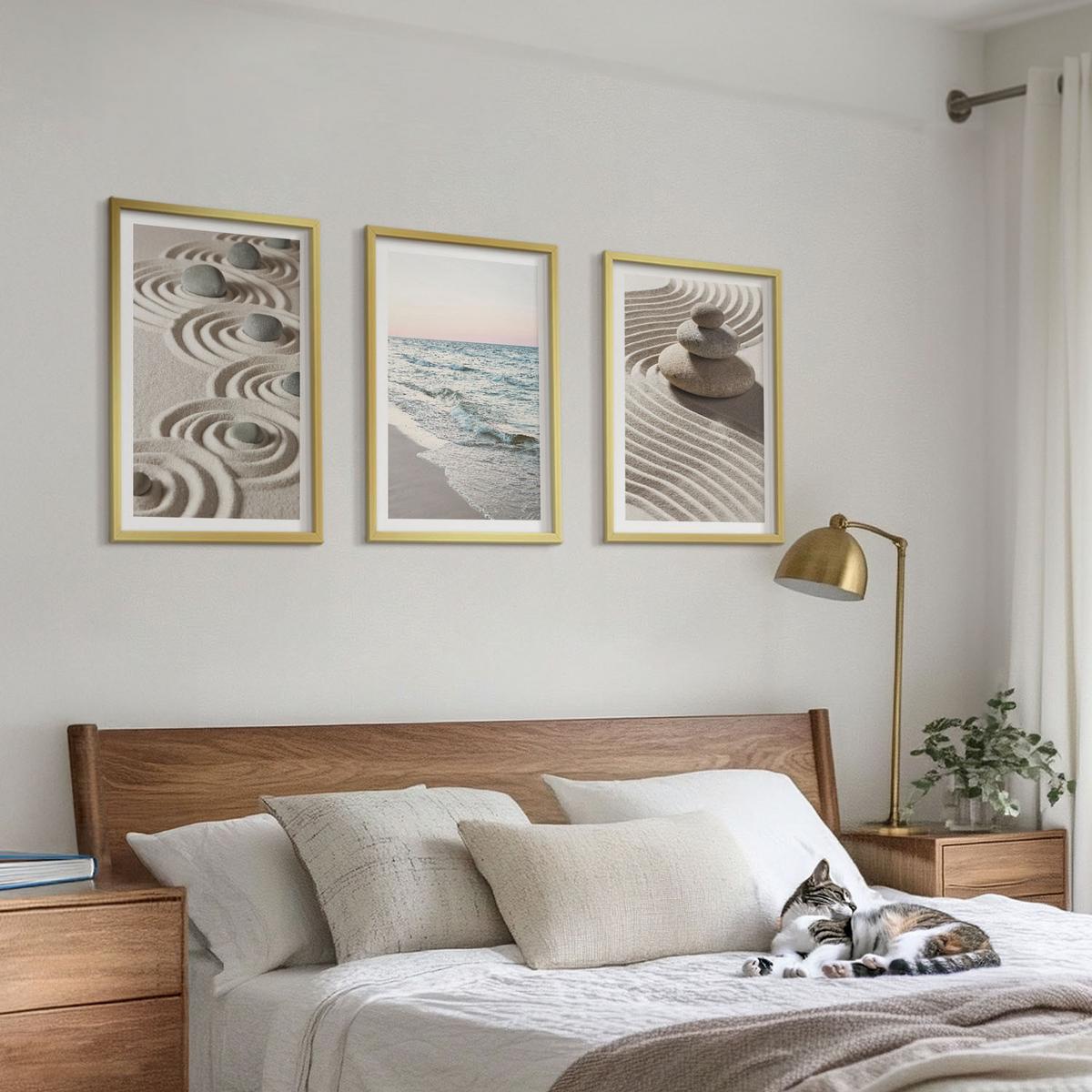 BILDER SET 3er Set - 40x60 cm Goldrahmen - Wellen, Sand, Wasser, Steine, Strand - Goldfarben, Kunststoff (40/60cm) - TULUP
