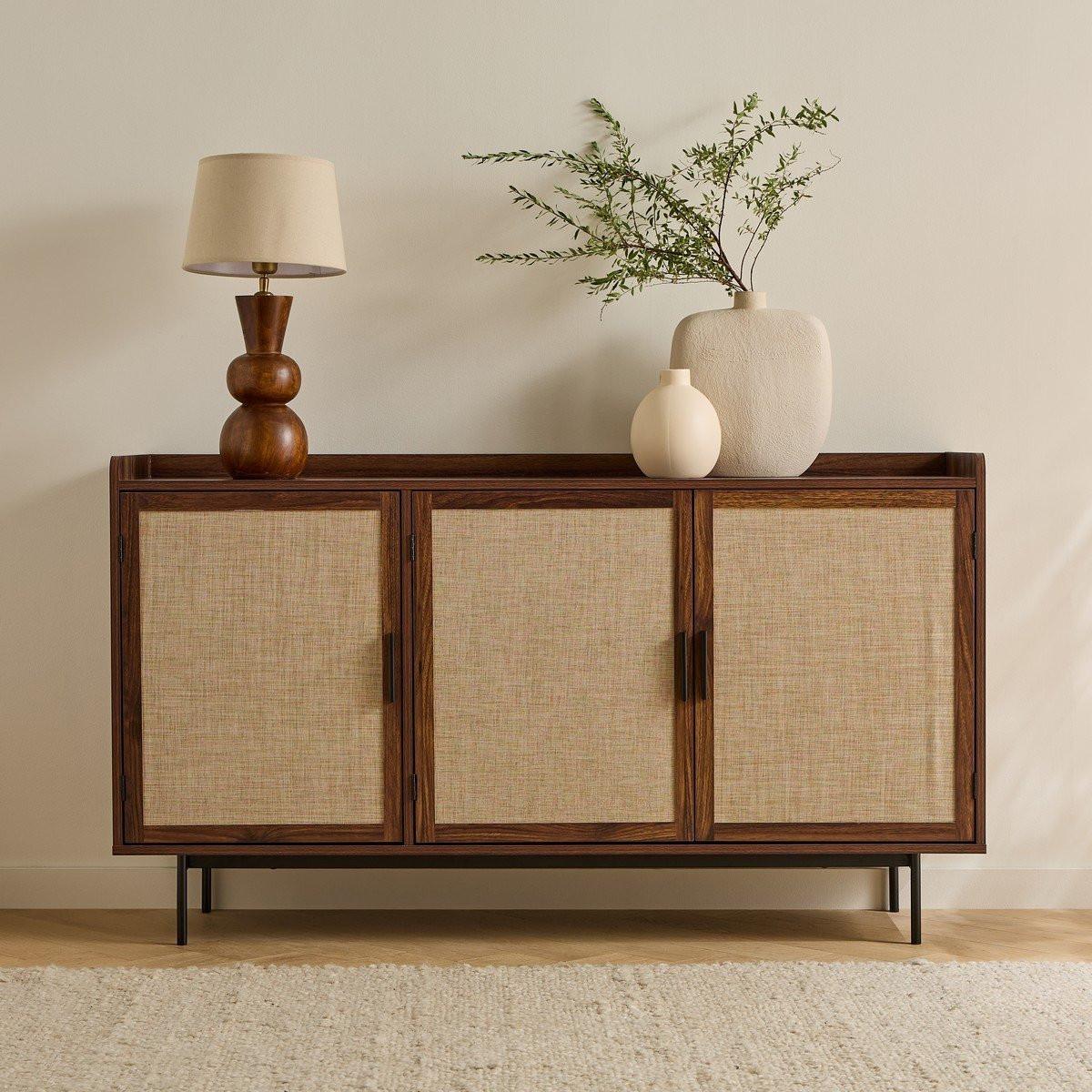 SIDEBOARD mit 3 Türen in Nussbaumdekor und Stofffronten 39,5/79/140 cm - Nussbaumfarben, Holzwerkstoff (39.5/79/140cm) - Calicosy