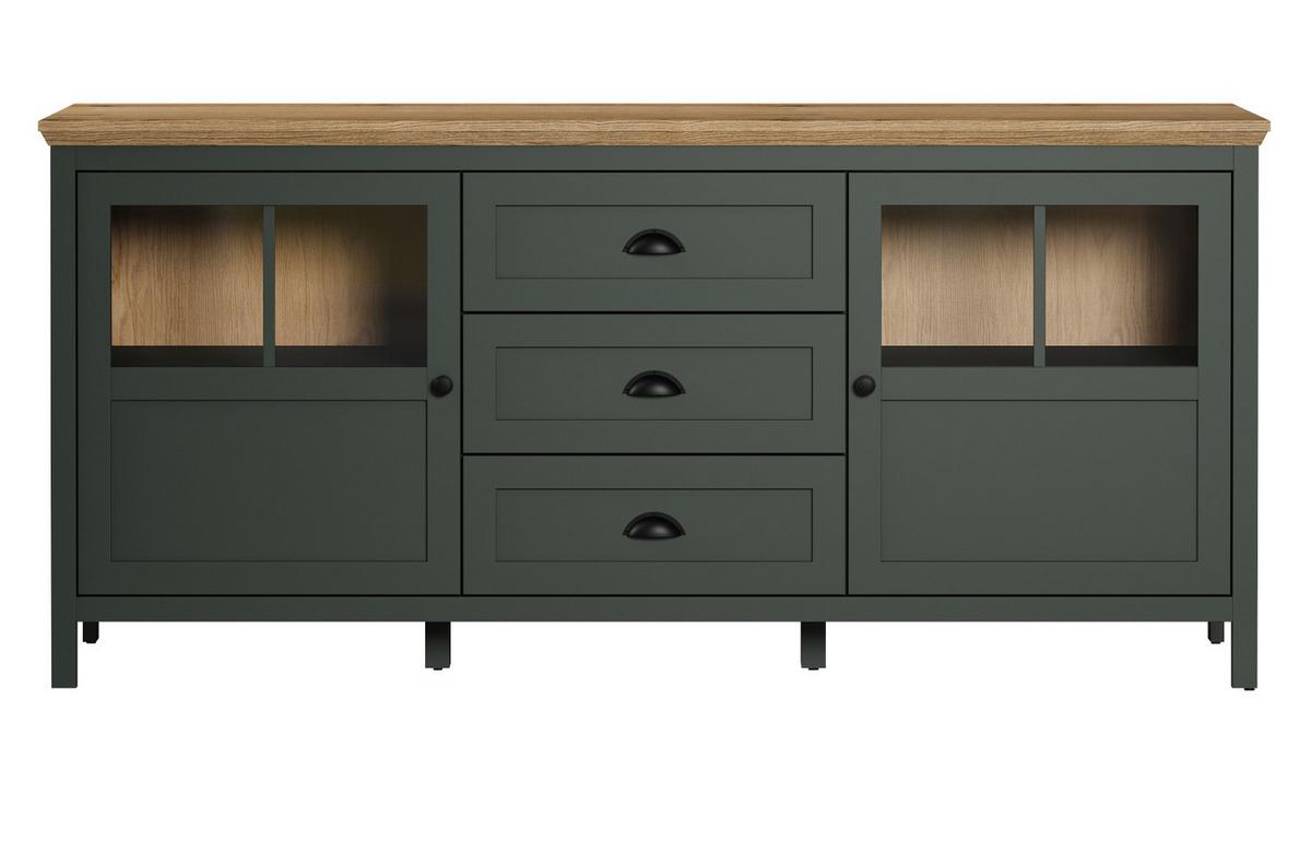 SIDEBOARD grün, Evoke Eiche Landhaus 185 x 86 cm, Kommode inklusive LED Beleuchtung - Eichefarben/Schwarz, Glas/Holzwerkstoff (185/86/45cm) - Top.Furn