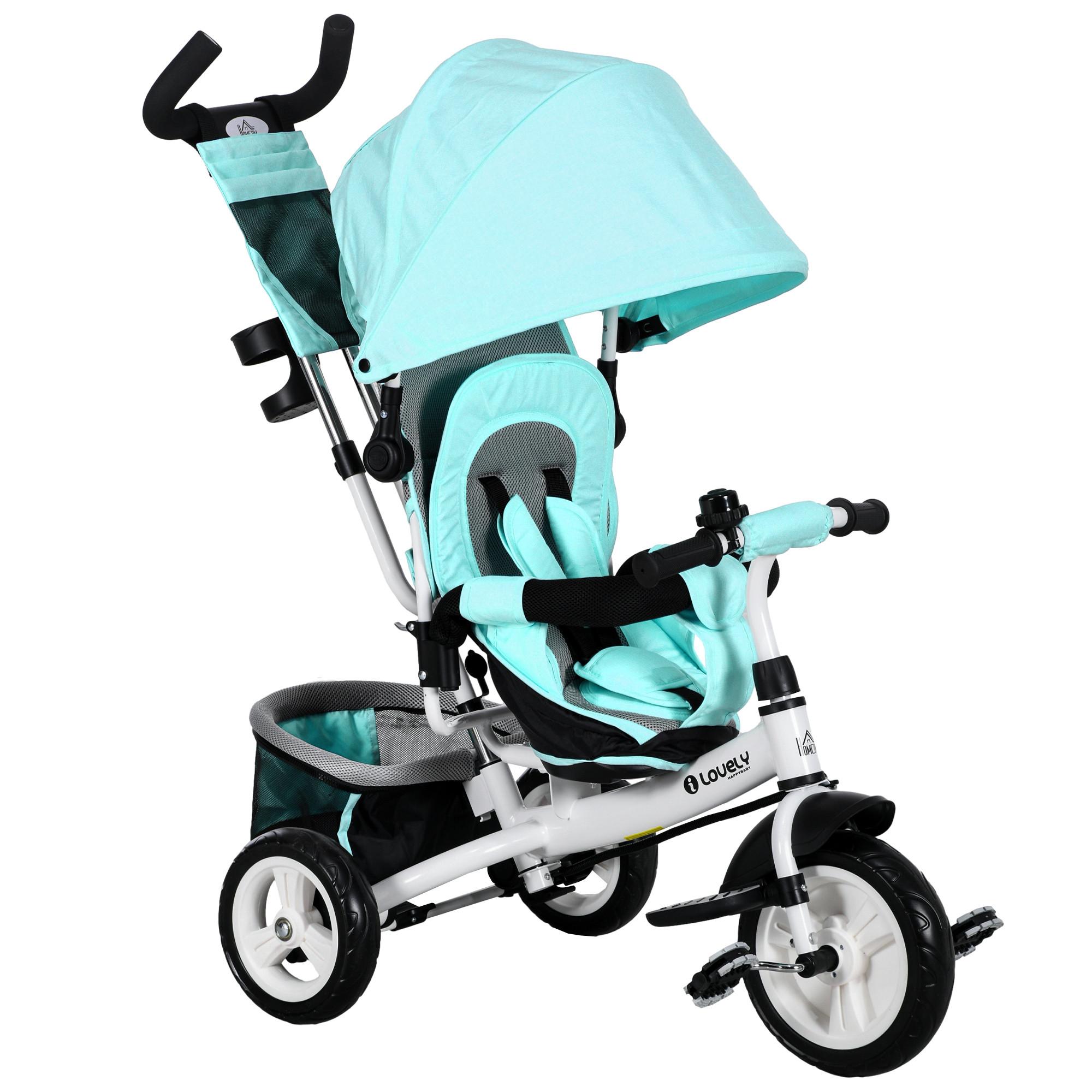 6-IN-1 Dreirad mit Schubstange, Kinderdreirad mit abnehmbarem Sonnendach Grün - Grün, Metall (102/49/102cm) - HOMCOM