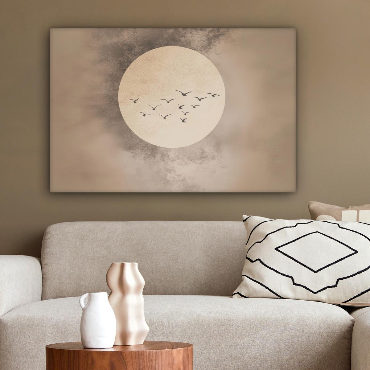 LEINWANDBILD Vogel - Beige - Japanisch Gemälde 60x40 cm - Taupe, Textil (60/40cm) - MuchoWow