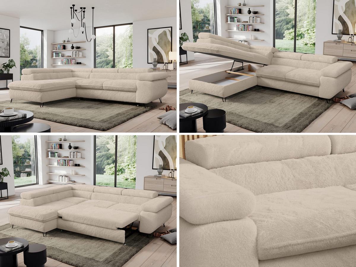 ECKSOFA PEDRO L Ecru Plüsch - Links Seite - Ecru/Schwarz, Textil/Metall (208/273cm) - MKS