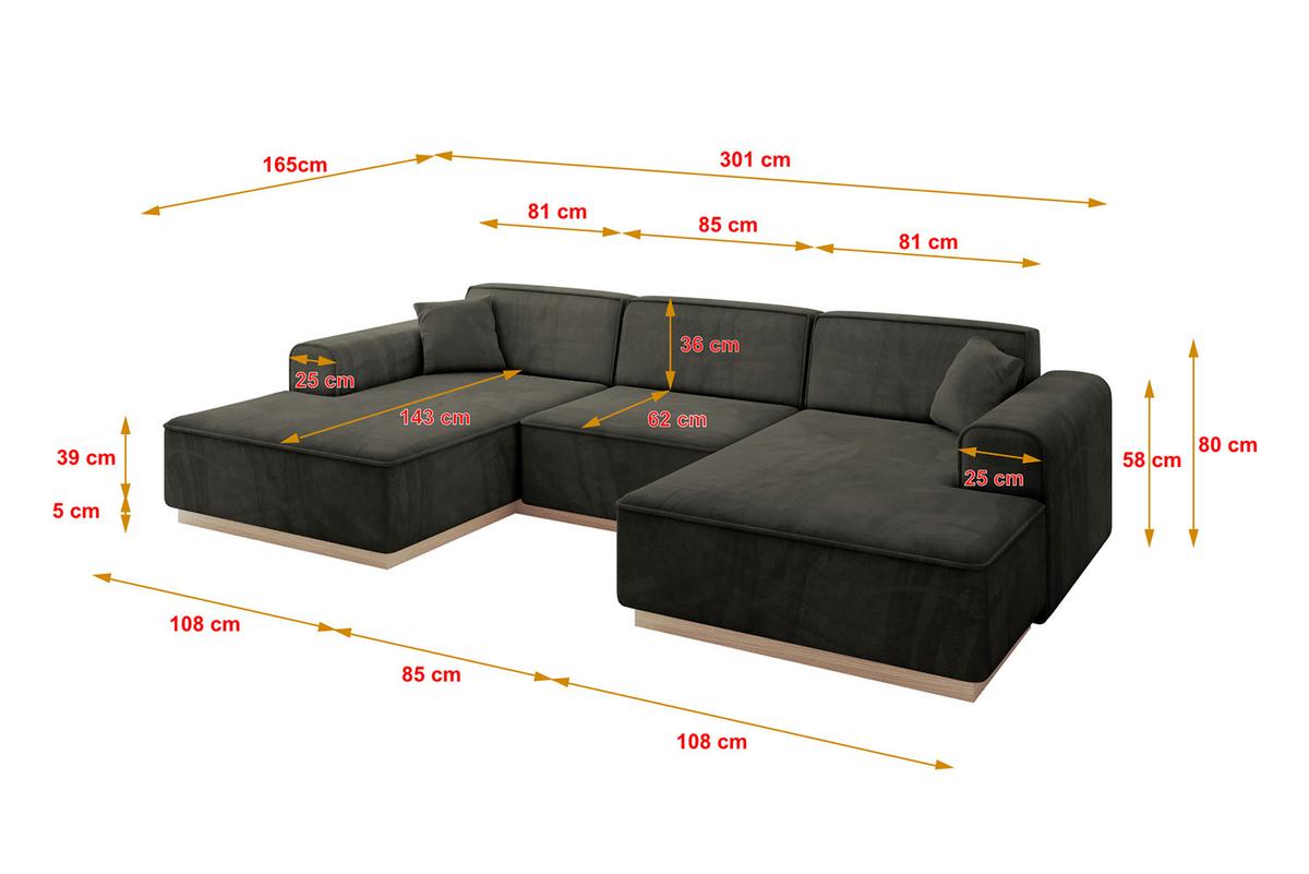 WOHNLANDSCHAFT IREA-U1 - 301x165x80 cm Schwarz - Schwarz, Holzwerkstoff/Textil (301/80/165cm) - ALTDECOR