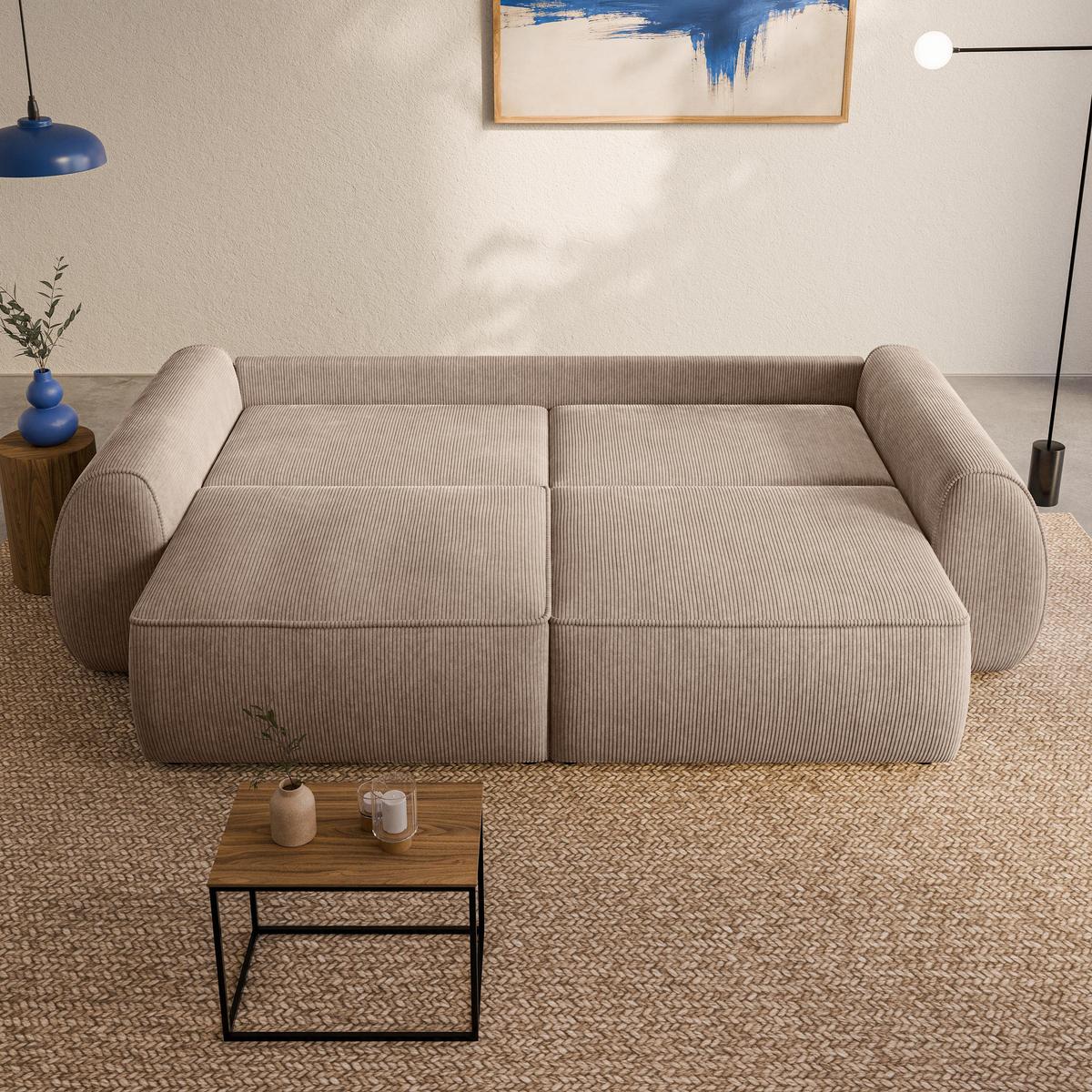 BETTSOFA ZEFEO Beige Kordstoff mit Schlaffunktion - Beige, Textil (264/96/106cm) - MASSENO