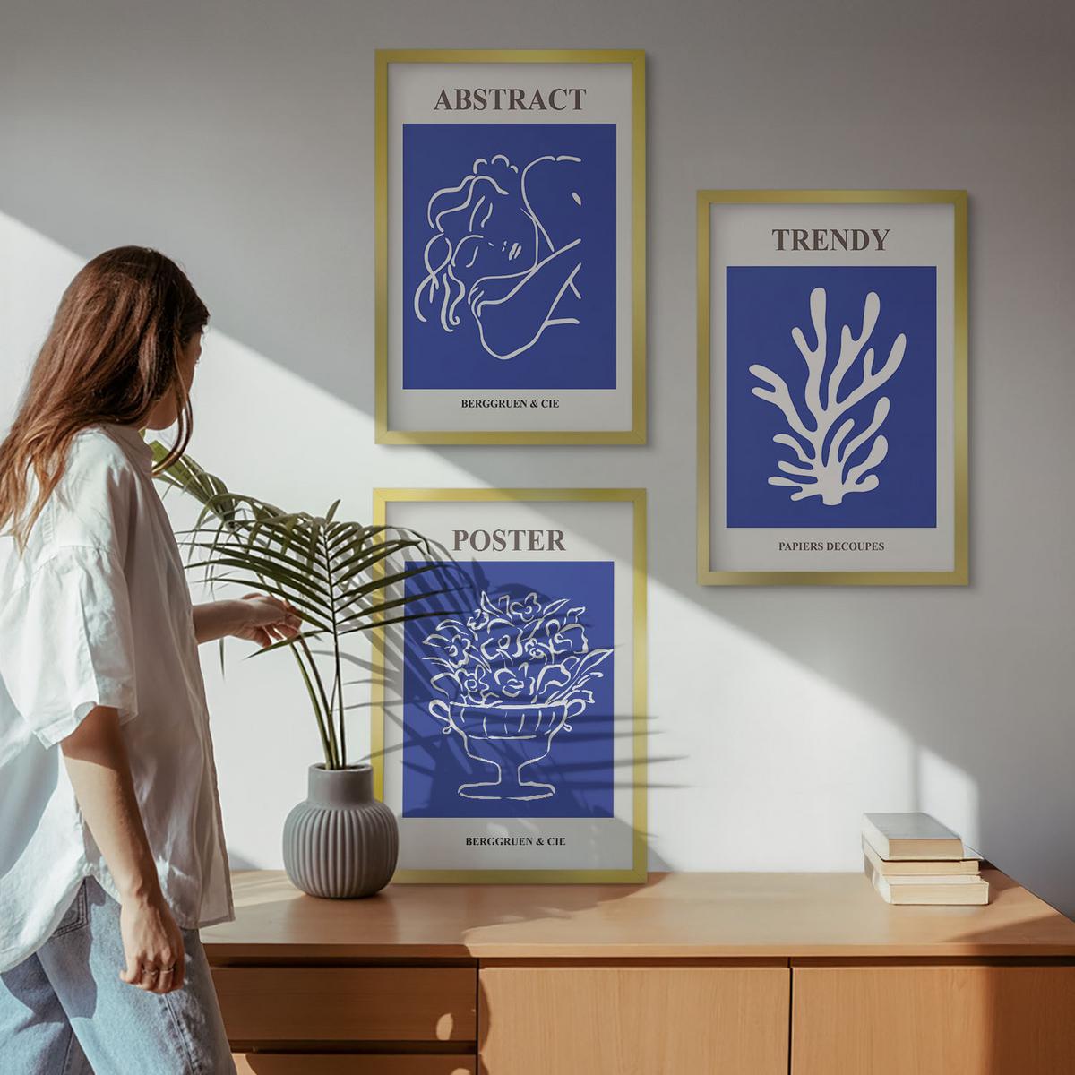BILDER SET 3er Set - 40x60 cm Goldrahmen - Stilvolle blaue Poster - Goldfarben, Kunststoff (40/60cm) - TULUP