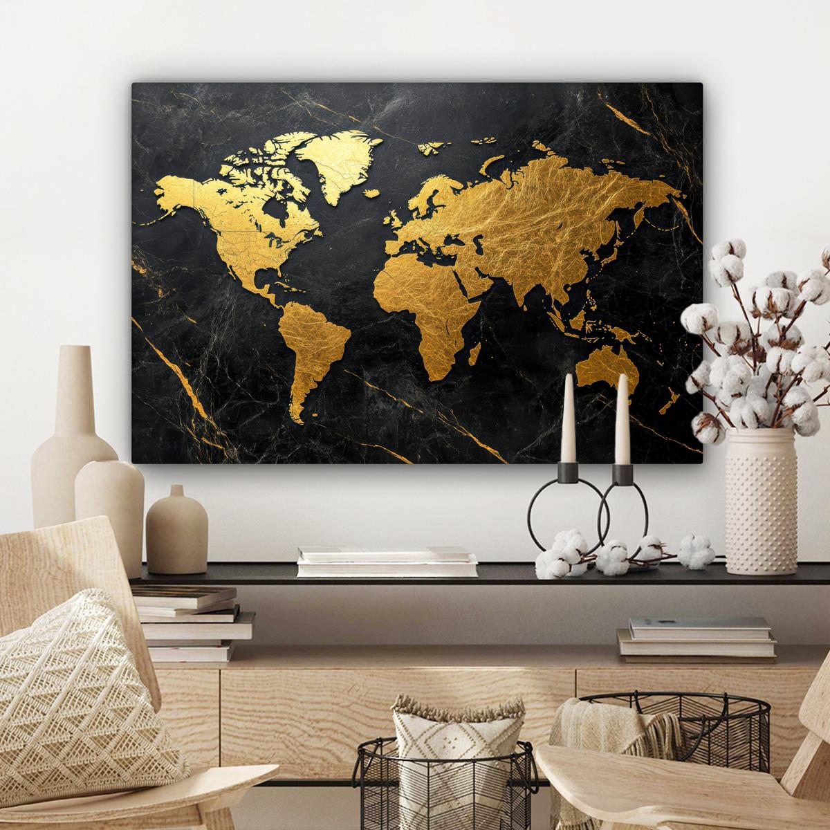 LEINWANDBILD Weltkarte - Gold - Marmor Gemälde 60x40 cm - Goldfarben, Textil (60/40cm) - MuchoWow