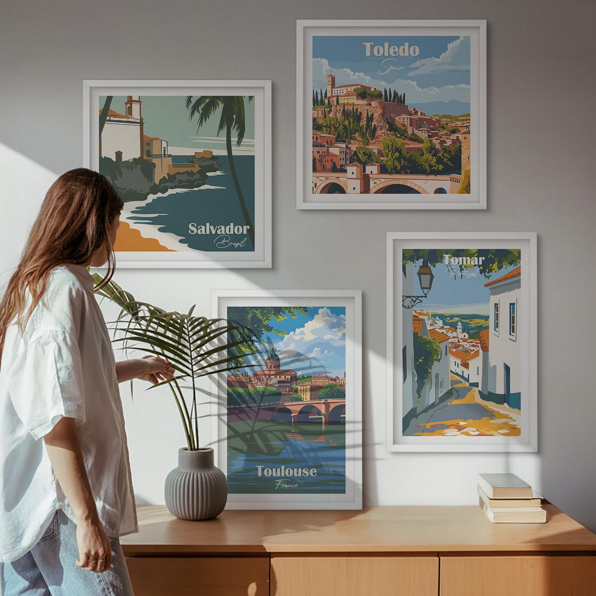 BILDER SET 4er Set - 50x50 cm & 40x60 cm Weißer Rahmen - Retro-Stadtgrafiken - Weiß, Kunststoff (50/50cm) - TULUP