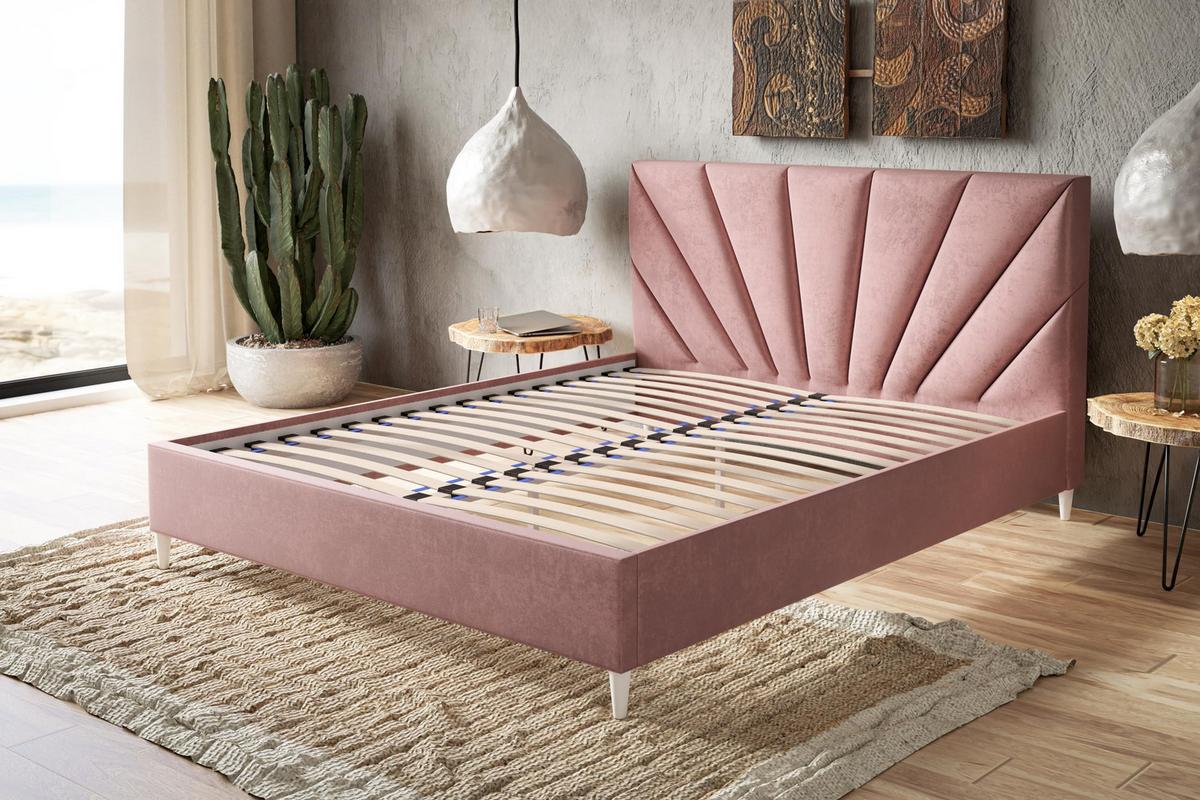POLSTERBETT LUX Denver mit Kopfteil, 140 x 200 cm, Doppelbett mit Lattenrost aus Holz, Velourstoff Rosa, Füße in Farbe: Weiß - Pink, Holz/Textil (140/200cm) - Alpi-Möbel