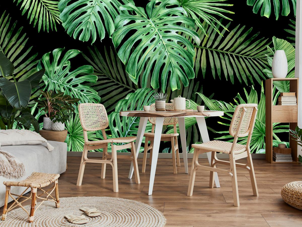 FOTOTAPETE für Schlafzimmer Exotische Grüne Monstera Palmen 400x280 - Schwarz/Grün, Papier (400/280cm) - Muralo