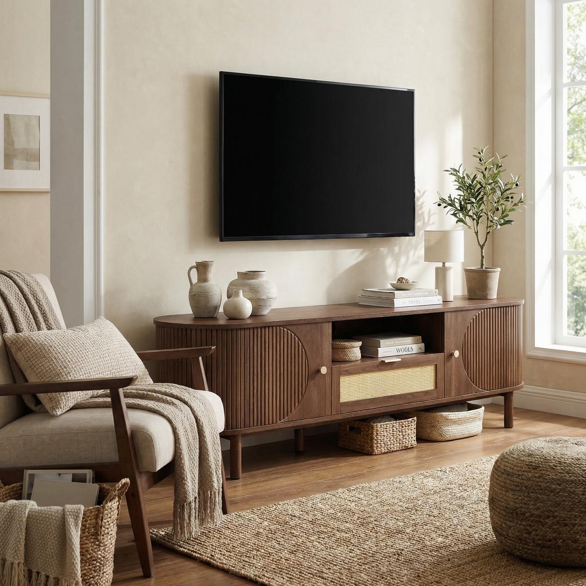 TV-SCHRANK 175 cm Nussbaum MDF mit Rattan-Schublade, offenen Fächern und Runddesign - Walnussfarben, Holzwerkstoff (175/51/36cm) - Urban Meuble