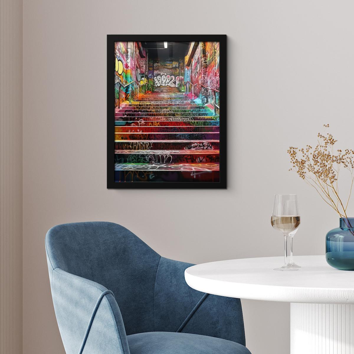 POSTER MIT RAHMEN Treppe - Graffiti - Farben - Kunst Bilderrahmen 30x40 cm - Multicolor, Papier (30/40cm) - MuchoWow
