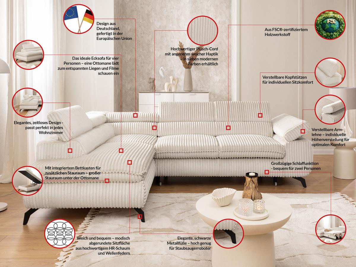 ECKSOFA mit Schlaffunktion und Bettkasten Bonnie aus Creme Cord-Stoff mit verstellbaren Kopfstützen und Armlehne - Ottomane links - Creme/Schwarz, Holz/Textil (275/210cm) - S-Style Möbel