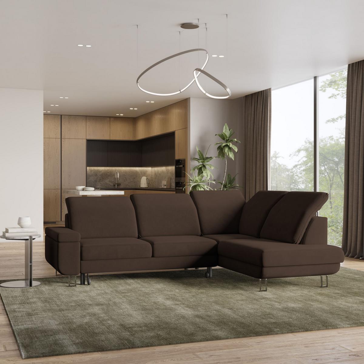 ECKSOFA LERMA R-S Braun Velours-Stoff mit Schlaffunktion - Silberfarben/Braun, Holz/Textil (253/190cm) - MASSENO