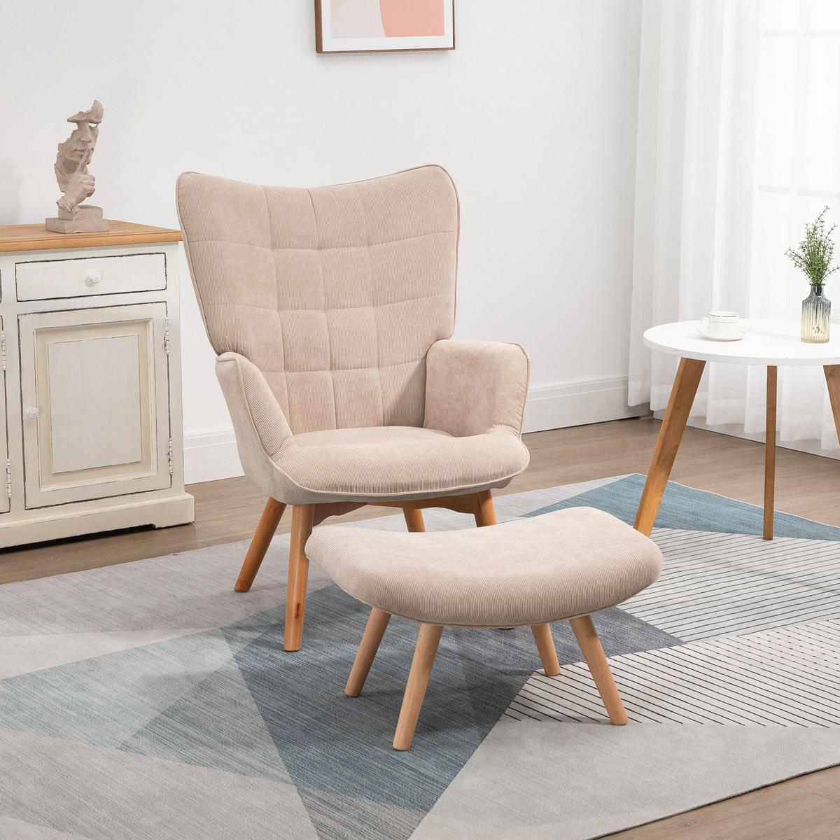 OHRENSESSEL mit Hocker, Relaxsessel, Polstersessel in Cord-Optik, mit Holzbeine - Beige/Naturfarben, Buchenholz/Textil (80/101/72cm) - HOMCOM