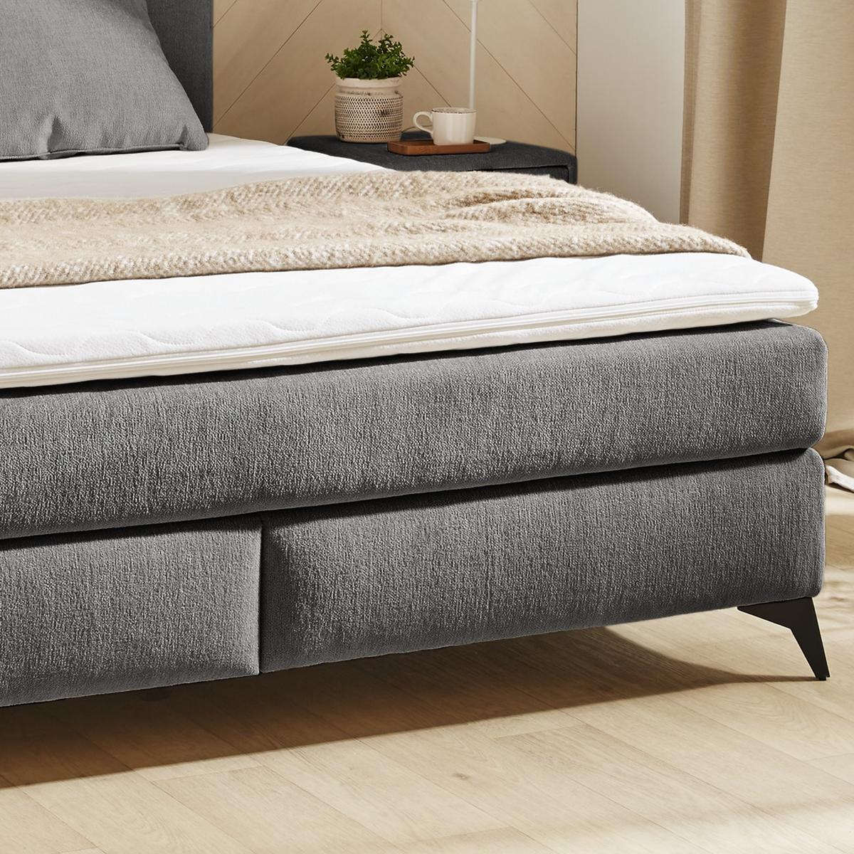 BOXSPRINGBETT 180x200, 7-Zonen-Tonnentaschen-Federkernmatratzen H3+H4, Topper,Bonell-Federkern,Beleuchtung,USB-Ladeports, Chenille Dunkelgrau / 20045 - Dunkelgrau/Schwarz, Textil/Metall (180/200cm) - luma-home