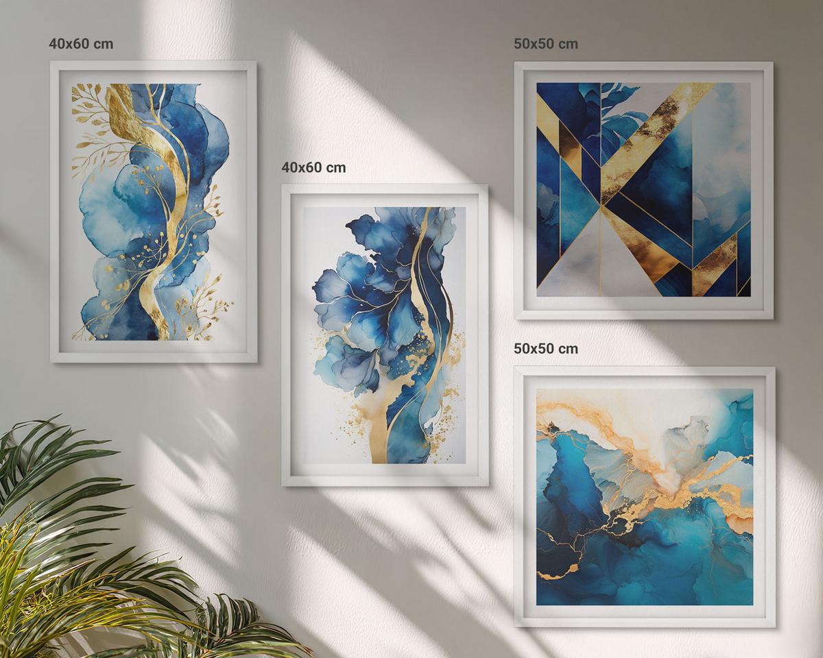 BILDER SET 4er Set - 50x50 cm & 40x60 cm Weißer Rahmen - Blaue abstrakte Muster - Weiß, Kunststoff (50/50cm) - TULUP
