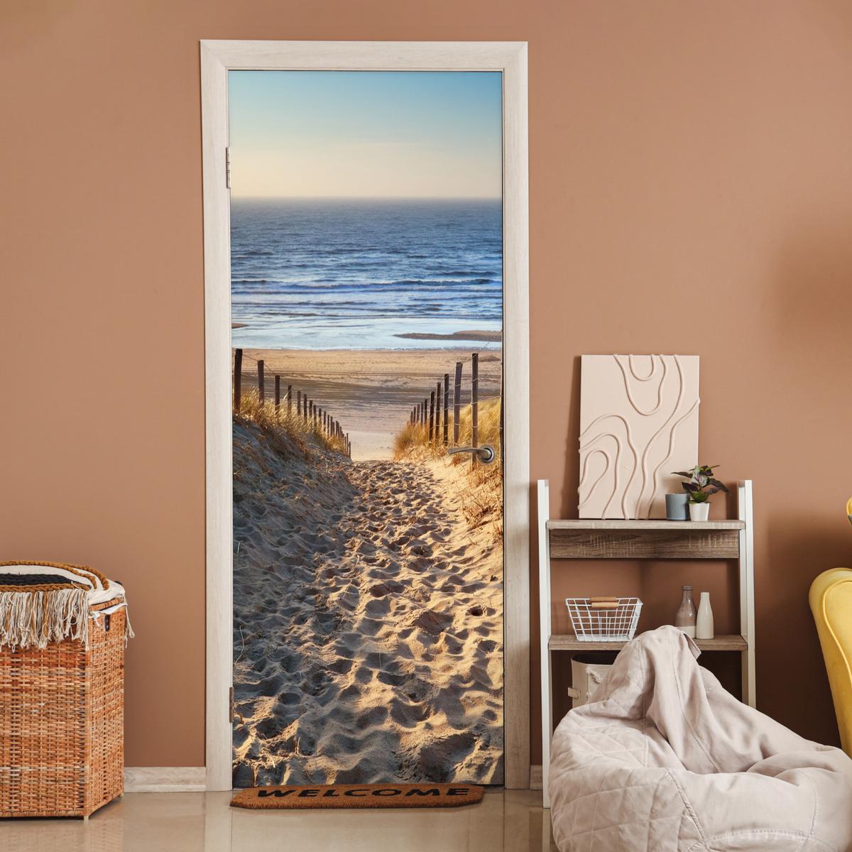 TÜRAUFKLEBER Strand - Meer - Niederlande - Dünen - Sonne 90x235 cm - Türtapete - Blau, Kunststoff (90/0.1cm) - MuchoWow