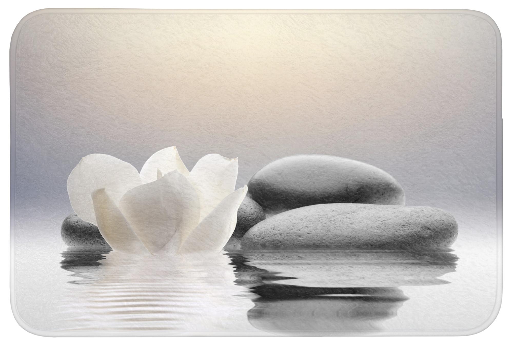 BADEMATTE Steine - Lotus - Weiß - Wasser - Zen Badvorleger 90x60 cm - Weiß, Textil (90/60cm) - OnlyWow