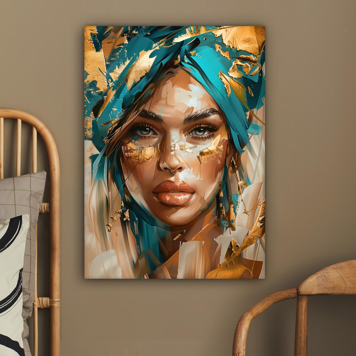 LEINWANDBILD Frau - Porträt - Gold - Luxus - Blau Wandbild Wohnzimmer 60x80 cm - Türkis, Textil (60/80cm) - MuchoWow