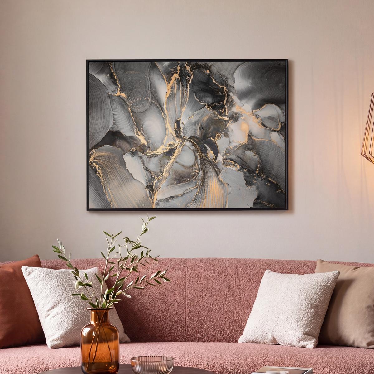 LEINWAND Bilder mit Rahmen - Grau - Luxus - Gold - Marmor - 80x60 - Dunkelgrau, Textil (80/60cm) - MuchoWow