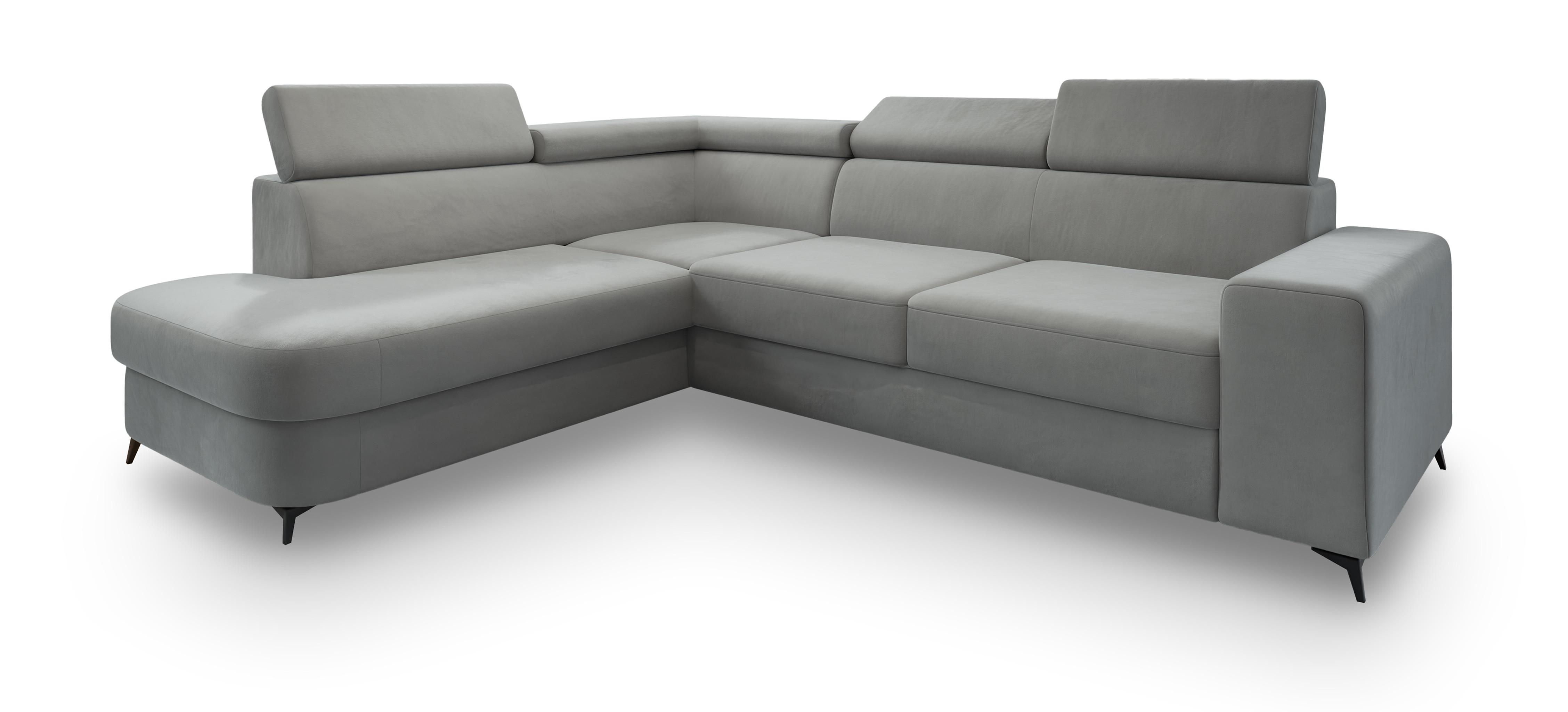 ECKSOFA ALVORO L-S Hellgrau Velours-Stoff mit Schlaffunktion - Hellgrau, Holz (253/190cm) - MASSENO