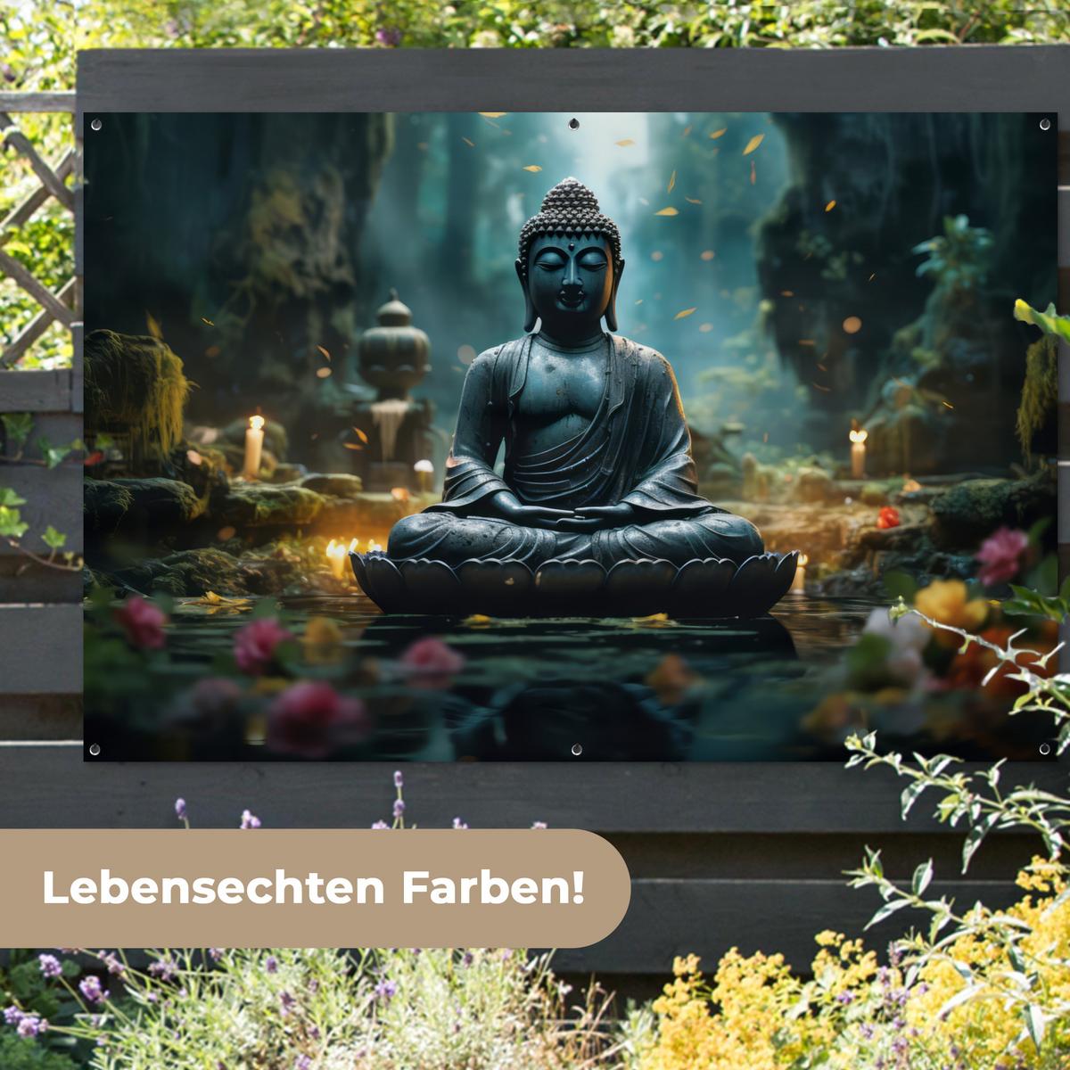 GARTENPOSTER Buddha - Statue - Buddha - Zen - Kunst - Buddha Poster für draußen 180x120 cm - Dunkelgrau, Kunststoff (180/120/0.2cm) - OnlyWow