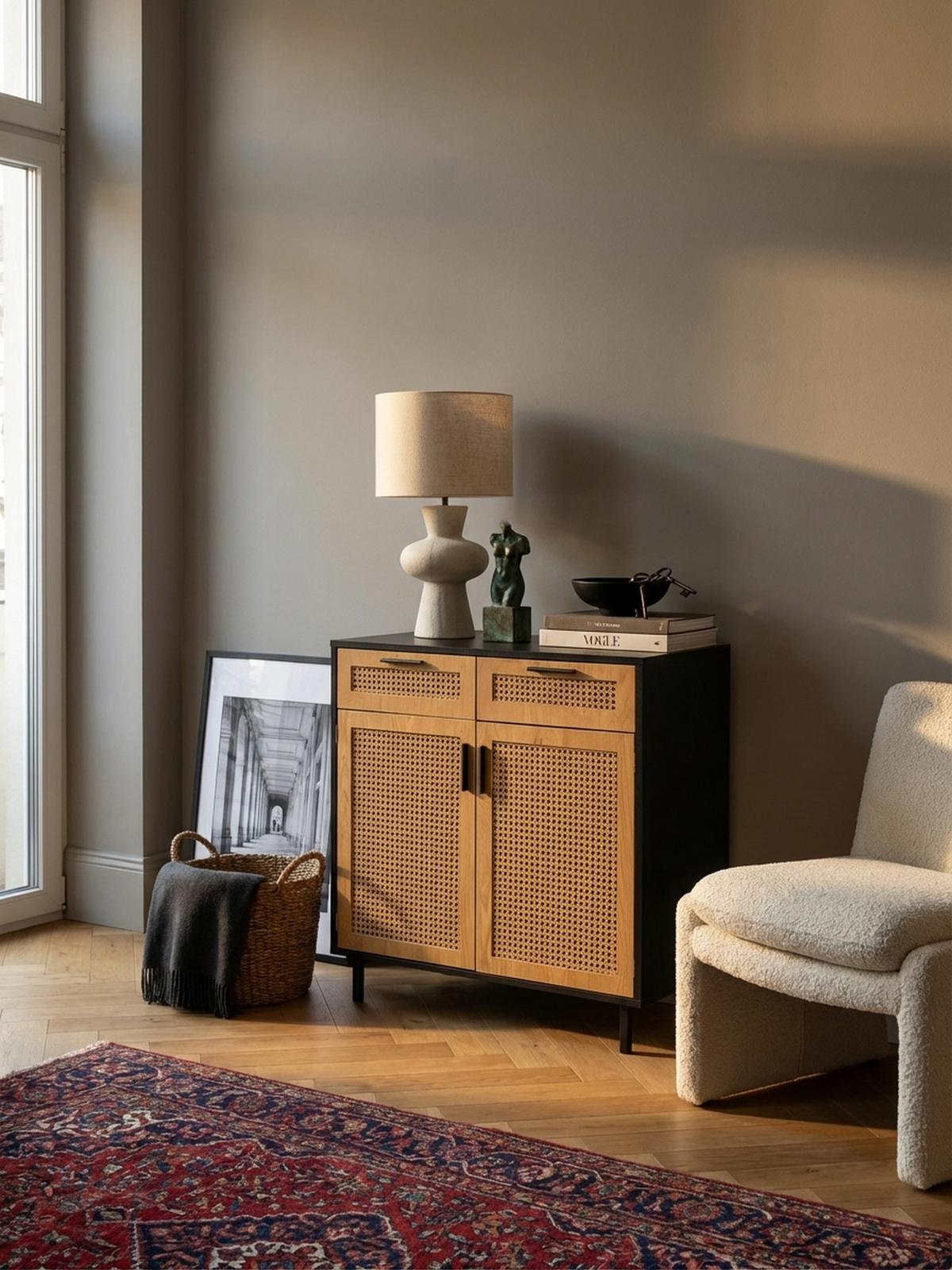 SIDEBOARD – Schwarz, 80x86,5x40 cm, mit Wiener Geflecht, 2 Türen, Schubladen, hoch - Schwarz, Holzwerkstoff/Metall (80/87/40cm) - KADIMA DESIGN