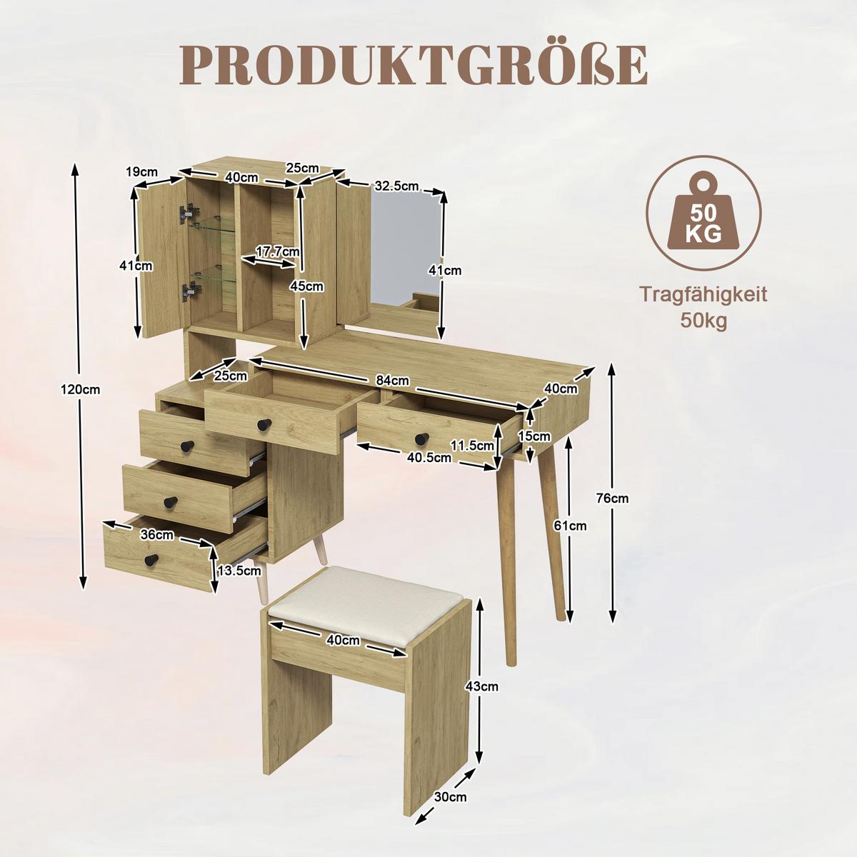 SCHMINKTISCH mit Hocker Naturholzoptik mit versenkbarem Spiegel, 5 Schubladen - Naturfarben, Holzwerkstoff (123/120/40cm) - Urban Meuble