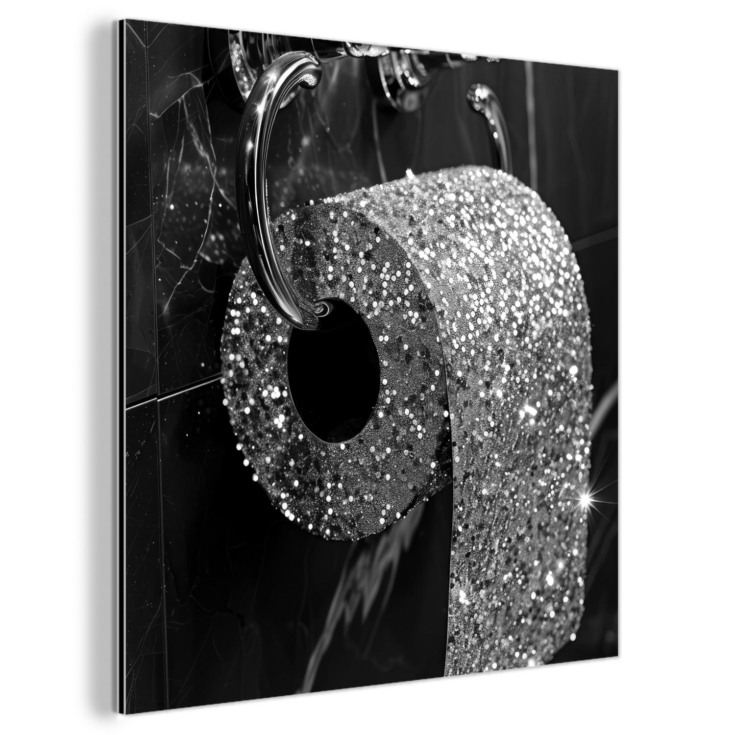 METALLBILD WC - Toilettenpapier - Schwarz und weiß - Glitter 90x90 cm - Silberfarben, Metall (90/90cm) - MuchoWow