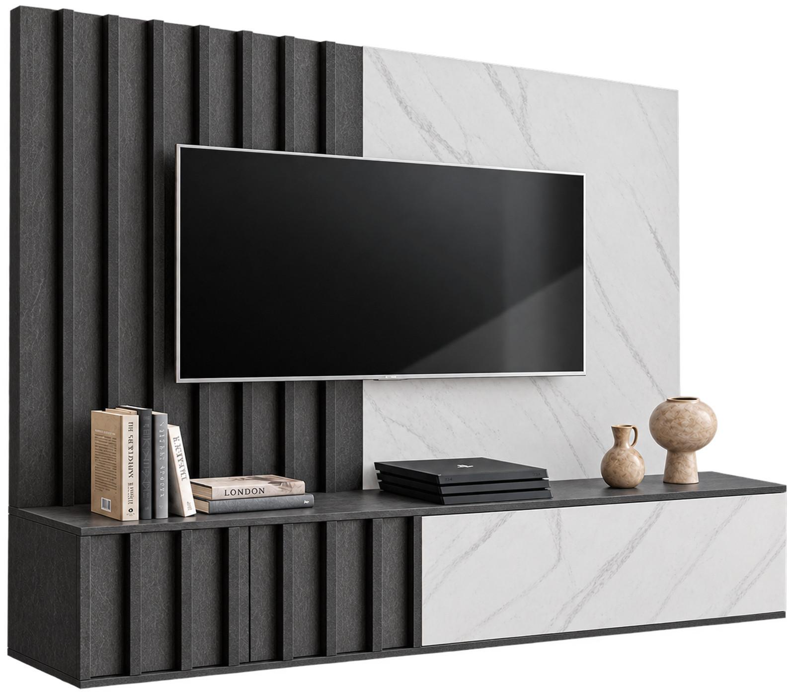 TV-LOWBOARD Graphit Eiche, Marmor weiß 160 cm hängend, TV Unterschrank Set mit Wandpaneel - Graphitfarben/Weiß, Holzwerkstoff (160/148/35cm) - Inn.Furn