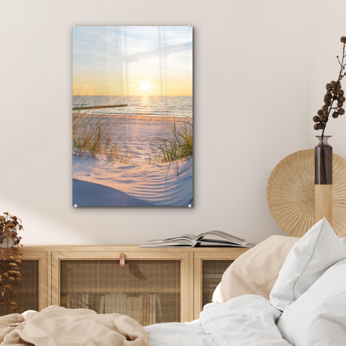 ACRYLGLASBILD Strand - Sonne - Düne - Gras - Sand - Horizont Wanddeko Wohnzimmer 40x60 cm - Hellblau, Glas (40/60cm) - MuchoWow