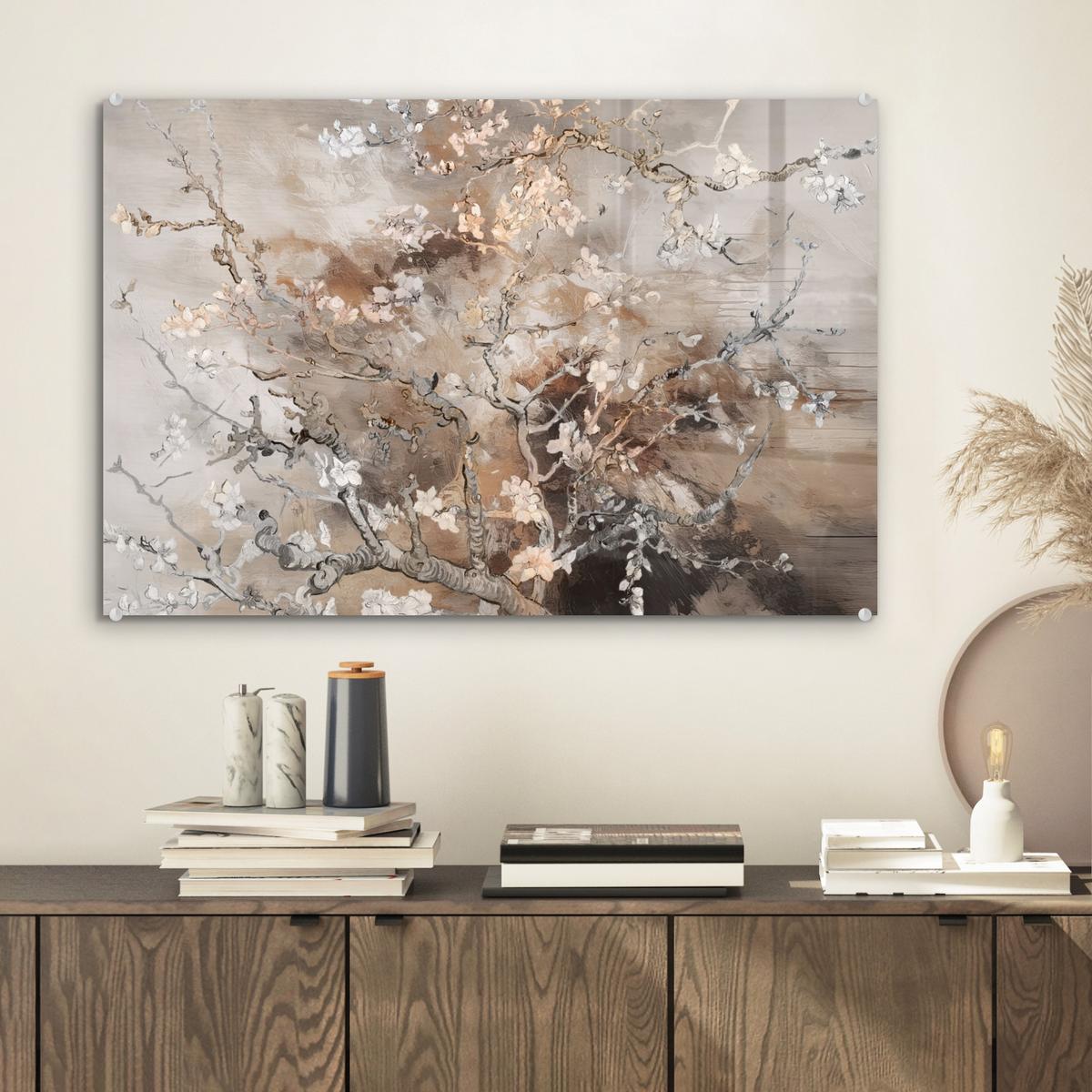 ACRYLGLASBILD Mandelblüte - Kunst - Van Gogh - Beige - Abstrakt Wanddeko 60x40 cm - Braun, Glas (60/40cm) - MuchoWow