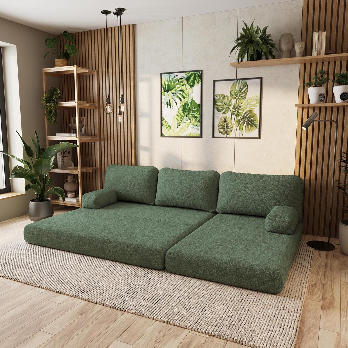 ECKSOFA LEA modulares Boneless Sofa mit Schlaffunktion Grün Boucle-Stoff - Grün, Textil (270/160cm) - MASSENO