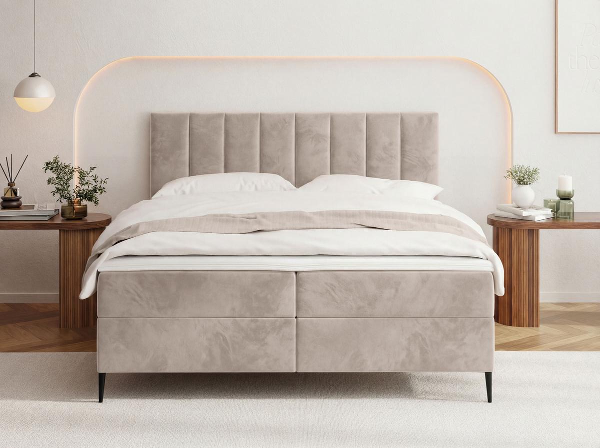 BOXBETT Allen mit Bettkasten, Samt Beige 200x200 cm – inkl. H4 Taschenfederkern Matratze & Foam Topper - Ecru/Beige, Textil/Metall (200/200cm) - WFL GROUP