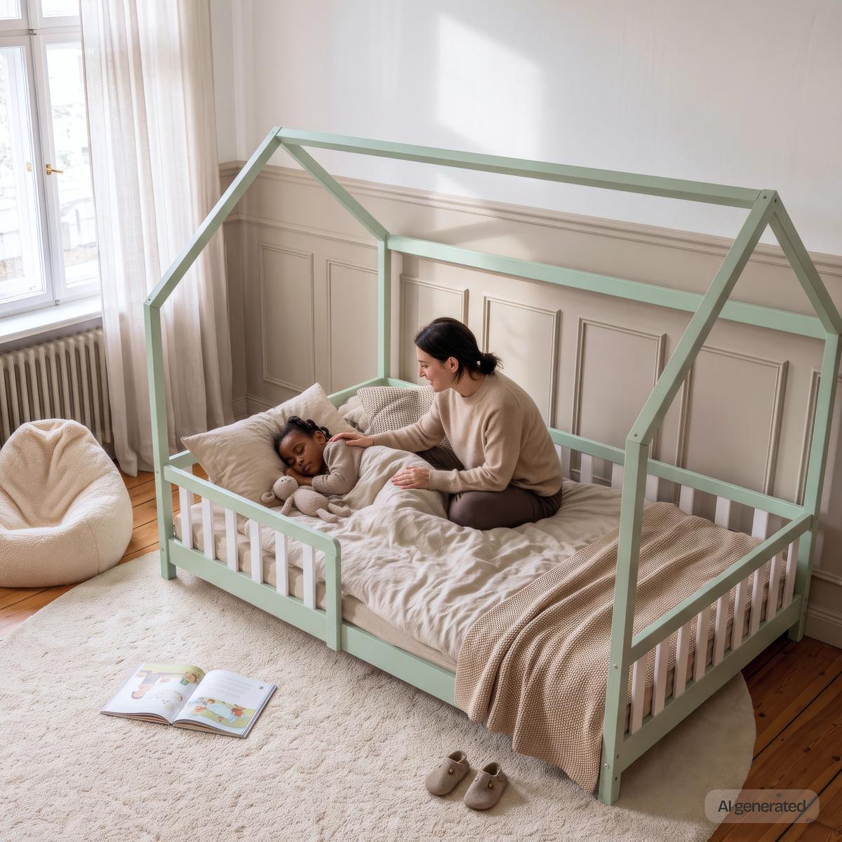 HAUSBETT Hesel - Weiß/Mintgrün, Holz (120/200cm) - [en.casa]